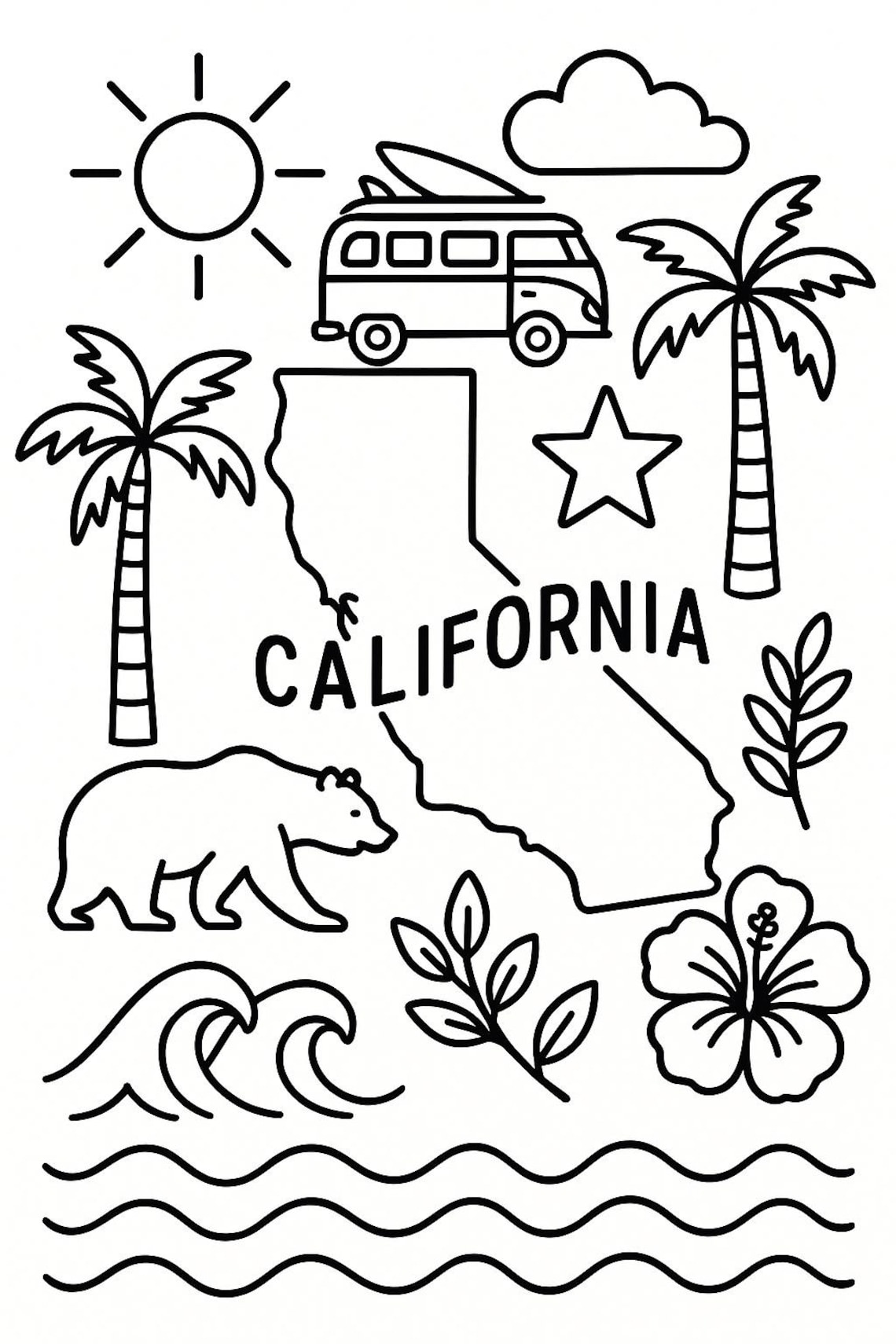 California Coloring Page -vibrant Golden State Features -palm Trees ...