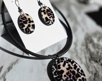 Leopard Print Jewelry Set: Statement Necklace and Dangle Earrings