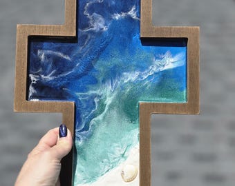 Handcrafted Resin Ocean Cross | Coastal Wall Decor | Beach House Cross with Seashells | Christian Gift | Wood & Resin Art