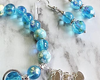 Colorful Beaded Bracelet - Earring Set – Handmade Stretch Bracelet Gift Set – Cute Matching Jewelry – Blue, Pink, Teal, Ladybug Designs