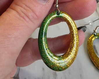 Green and Gold Hollow Dangle Earrings - Handcrafted Wearable Art Earrings - Green and Gold Earrings (GG-435-E)