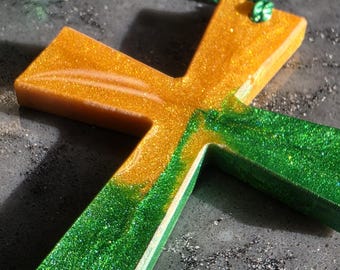 Cross Ornament - Green and Yellow Cross Ornament - Communion Cross - Confirmation Cross - Cross Hanging