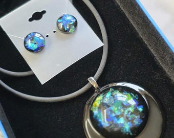 Faux Dichroic Pendant - Black Pendant Necklace and Earrings  Gift Set - Dichroic Gift Set
