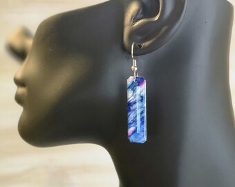 Marbled Blue Resin Jewelry - Lightweight Pencil Earrings