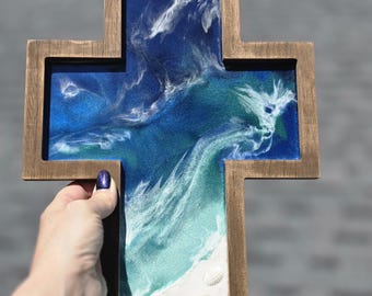 Handcrafted Resin Ocean Cross | Coastal Christian Decor | Beach Cross with Seashells | Christian Gift | Wood & Resin Art
