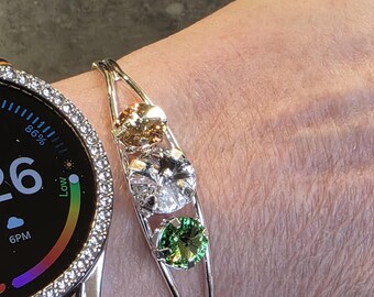 Green, Gold, and Clear Swarovski Crystal Gem Cuff Bracelet  - Greenbay Fan Jewelry