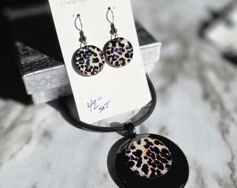 Leopard Print Jewelry Set: Statement Round Necklace and Dangle Earrings
