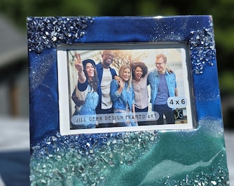 Handcrafted Resin Photo Frame | Blue Teal and Pearl Green Swirl Picture Frame | 4x6 Photo Display | Handmade Home Decor