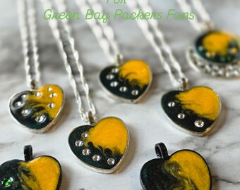 Packers Heart Necklace – Green & Yellow Resin, Swarovski Crystal(s), Sterling Silver-Plated