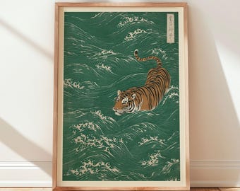 Japanischer Tiger Poster - Minimalistischer Wellen Kunstdruck, Geschenk für Tigerliebhaber