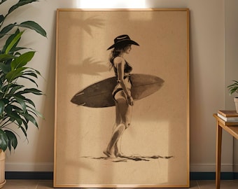 Kustnära cowgirl surfare-tryck, sepia strandposter, rustik westerninredning, ranchhusstil
