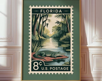 Florida Stamp Print, Everglades Travel Poster, Vintage Wildlife Art, Retro Americana Decor
