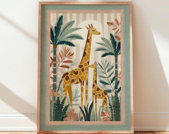 Jungle Kids Print: Giraffe Nursery Wall Art, Colorful Animal Illustration Bedroom Decor