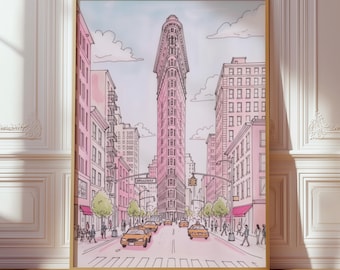 New York Pink City Print, Retro Dopamine Poster, Girly Apartment Decor, Flatiron Street Art