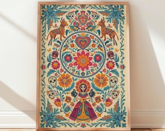 Cultural Art Print: Mexican Folk Illustration, Day Dead Skull Floral Heart Angel Poster