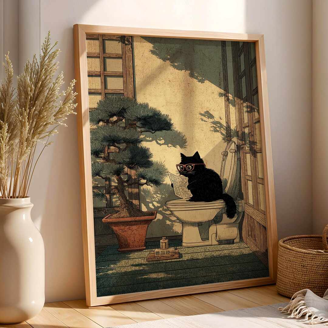 Cat Toilet Wall Art, Funny Bathroom Humor Print, Quirky Restroom Poster ...