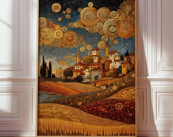 Print van een Toscaans dorp, landschapsposter geïnspireerd op Gustav Klimt, romantische plattelandsdecoratie, gouden kunst