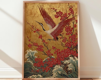 Japanischer Kranich Poster, Sakura Sakura Wellen, Gold Japandi Dekor, Botanisches Zen Kunstwerk