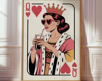 May include: A framed wall art print featuring a stylized Queen of Hearts playing card illustration. The character wears a crown and heart-shaped sunglasses while drinking from a clear cup with a straw. The design uses red, pink, and black.