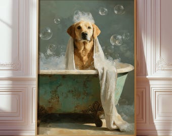 Golden Retriever Bath Print, Funny Dog Poster, Playful Pet Bathroom Humor Decor