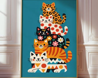 May include: A vertical rectangular wall art print featuring a stack of five stylized cats on a teal background. The cats display various patterns including leopard spots, red polka dots, floral motifs, orange stripes, and geometric shapes.