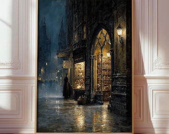 Victorian Bookshop Print, Gothic Street Poster, Dark Academia Library Decor, Rainy Literary Art