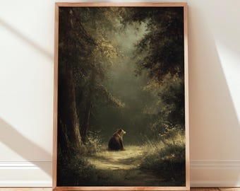 Bear Print: Moody Woodland Painting, Dark Academia, Cottagecore Forest Animal Art, Rustic Cabin Decor