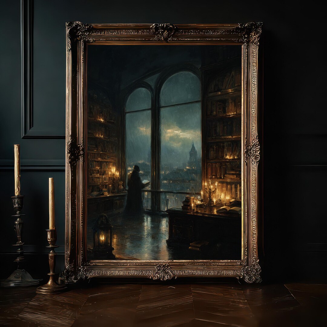 Dark Academia Study Print, Rainy Library Art, Gothic Reading Nook Decor ...