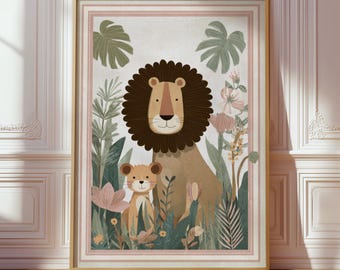 Lion Nursery Print, Jungle Animal Poster, Tropical Botanical Kids Bedroom Playroom Decor