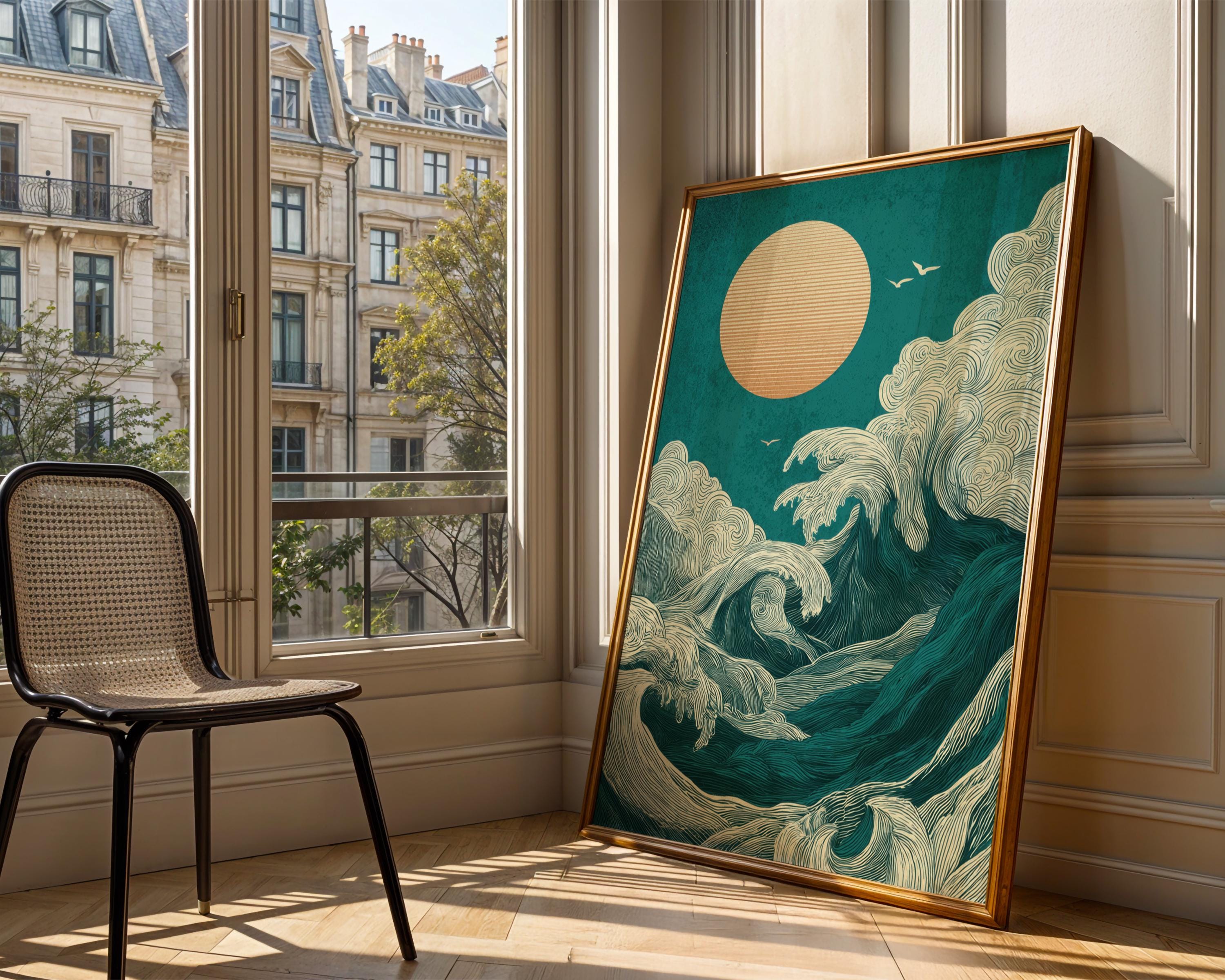 Japanese Wave Print, Minimal Ocean Sun Poster, Contemporary
