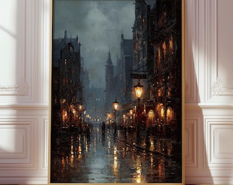 Victorian Rainy Street Print, Gothic Cityscape Poster, Romantic Moody European Home Decor