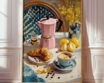 French Cafe Print, Croissant Espresso Poster, Kitchen Breakfast Decor, Paris Coffee Art
