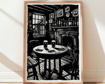 Irish Poster Pint Print: Pub Interior, Claddagh Bar Art, Slainte Pints Illustration