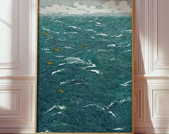 Stampa di onde giapponesi, poster dell'oceano color verde acqua, arte giapponese, arredamento costiero giapponese moderno