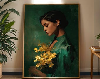 Dark Green Woman Portrait Print, Emerald Floral Art, Modern Figurative Oil Painting Style Poster