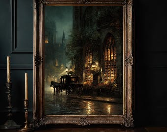Gothic Bookshop Wall Art, Victorian Rainy Street, Dark Academia Decor, Moonlit Carriage, Literary Architecture