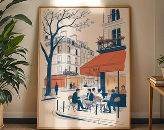 Paris Café Poster, Minimal Line Drawing, French Street Scene Print, Chic Apartment Decor