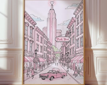 Pink New York City Print, Feminine Retro Poster, Dopamine Apartment Decor, Urban Street Art