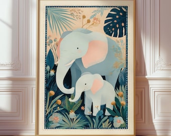 Elephant Mother and Baby Print, Jungle Nursery Poster, Kids Animal Wall Art