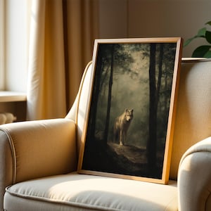 Wolf painting showing a lone gray wolf standing on a forest path surrounded by tall trees and soft fog, rendered in a muted, painterly style. This forest animal art blends dark academia art and moody landscape tones with cottagecore painting influence, creating a calm woodland atmosphere suited for boho woodland prints, rustic lodge art, cabin wall art, and forest art print collections.