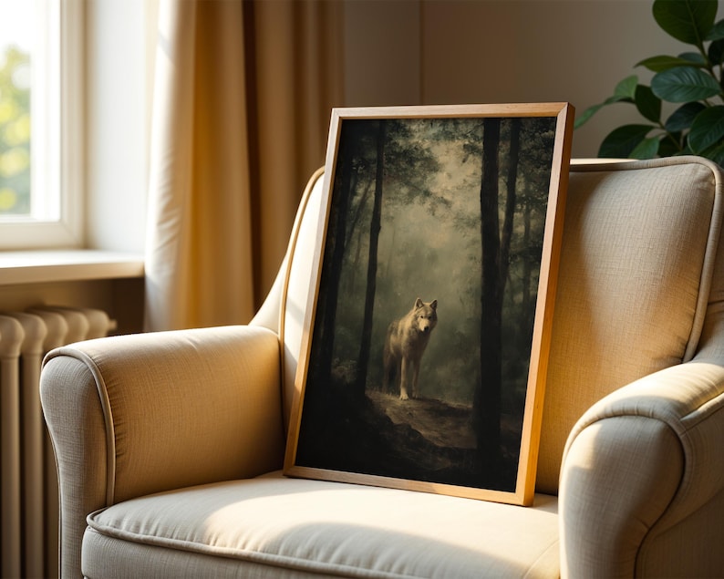 Wolf painting showing a lone gray wolf standing on a forest path surrounded by tall trees and soft fog, rendered in a muted, painterly style. This forest animal art blends dark academia art and moody landscape tones with cottagecore painting influence, creating a calm woodland atmosphere suited for boho woodland prints, rustic lodge art, cabin wall art, and forest art print collections.