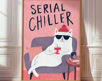 Funny Cat Reading Print, Pink Retro Cat Poster, Quirky Self Care Decor