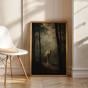Wolf painting showing a lone gray wolf standing on a forest path surrounded by tall trees and soft fog, rendered in a muted, painterly style. This forest animal art blends dark academia art and moody landscape tones with cottagecore painting influence, creating a calm woodland atmosphere suited for boho woodland prints, rustic lodge art, cabin wall art, and forest art print collections.