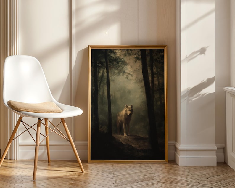 Wolf painting showing a lone gray wolf standing on a forest path surrounded by tall trees and soft fog, rendered in a muted, painterly style. This forest animal art blends dark academia art and moody landscape tones with cottagecore painting influence, creating a calm woodland atmosphere suited for boho woodland prints, rustic lodge art, cabin wall art, and forest art print collections.
