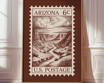 Arizona Desert Canyon Stamp Print, Vintage American Travel Poster, Southwest Landscape Wall Art