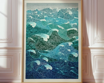 Japanische Welle Druck, Japandi Ozean Poster, Zen Meditation Dekor, Türkis Meerlandschaft Kunst