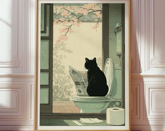 Impressão de gato japonês para vaso sanitário, pôster de flor de cerejeira, decoração divertida para banheiro, arte de gato preto para banheiro