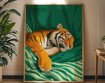 Smaragdgroene tijgerprint, slapende jungle dierenkunst, felle kleur dopamine muurposter decor
