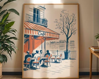 Paris Café Poster, French Street Scene Print, Minimal Bistro Line Art Decor
