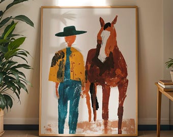 Cowboy Horse Wall Art, Abstract Western Print, Modern Ranch Decor, Boho Farmhouse Poster